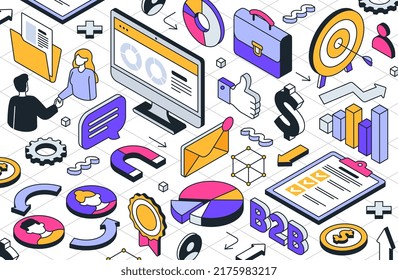 B2B Collaboration Concept. Partners Make Deal And Shake Hands. Metaphor For Serving Other Businesses. Business To Business Trading And Company Marketing. Cartoon Isometric Vector Illustration