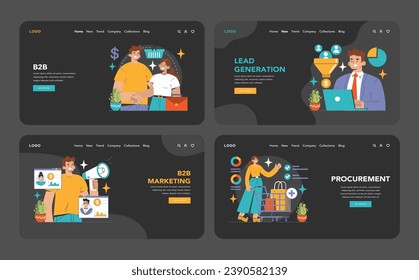 B2B Commerce dark or night mode web or landing set. Business characters doing business in online commerce, strategic alliances, CRM. Value proposition, stakeholder interactions. Flat vector