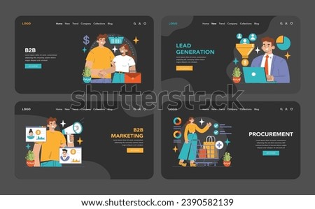 B2B Commerce dark or night mode web or landing set. Business characters doing business in online commerce, strategic alliances, CRM. Value proposition, stakeholder interactions. Flat vector