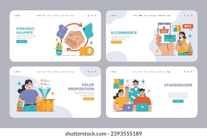 B2B commerce web or landing set. Business characters engaging in online shopping, strategic alliances, CRM, and lead generation. Value proposition, stakeholder interactions. Flat vector illustration