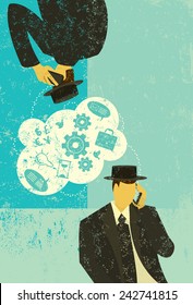B2B Communications Two businessmen engaged in business communication. The men and icons are on a separate layer from the background.