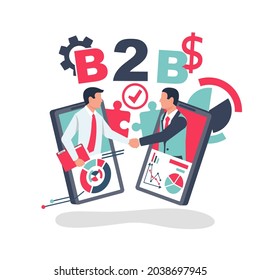 B2B concept. Business for business. Online Agreement. Two businessmen in handshake. Modern technologies for solutions. Professional marketing. Vector illustration flat design.