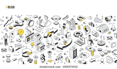 B2B Concept. Business Partners Are Making An Agreement. Selling Products And Services To Other Businesses. Business-to-business Marketing And Cooperation. Isometric Illustration Concept