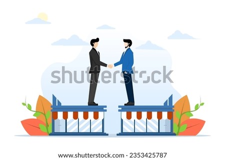 B2B concept, business to business sale agreement, company trade, contractor or supplier trade between companies, business owner handshake in company shop for B2B agreement. flat vector illustration.