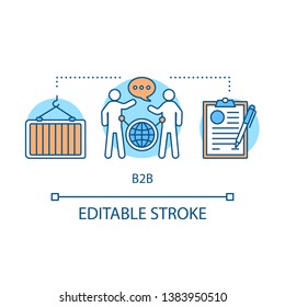 B2B concept icon. Commercial relationship idea thin line illustration. Commerce with sale for business. Cooperation with legal entities. CRM system. Vector isolated outline drawing. Editable stroke