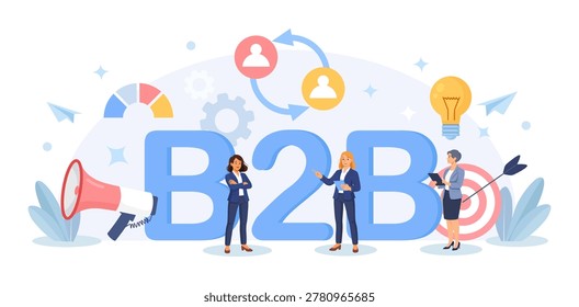 B2B Cooperation Between Business People. Marketing Strategy. Successful Business Collaboration. Business-to-Business Sales Method. Company as Customer Buying Products and Services. Vector Illustration