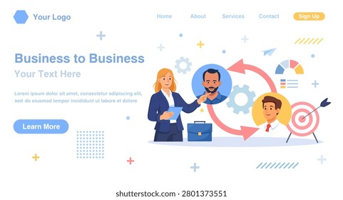 B2B Cooperation Between Business People. Marketing Strategy. Successful Business Collaboration. Business-to-Business Sales Method. Company as Customer Buying Products and Services. Vector Illustration