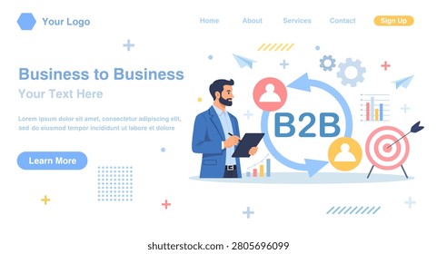B2B Cooperation Between Business People. Marketing Strategy. Successful Business Collaboration. Business-to-Business Sales Method. Company as Customer Buying Products and Services. Vector Illustration
