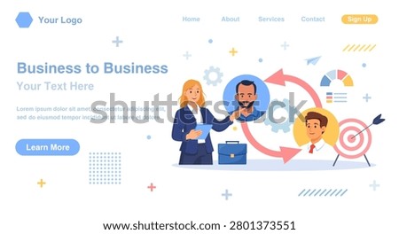 B2B Cooperation Between Business People. Marketing Strategy. Successful Business Collaboration. Business-to-Business Sales Method. Company as Customer Buying Products and Services. Vector Illustration