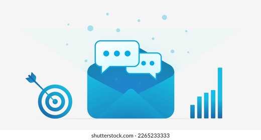 B2B E-Mail-Marketing-Konzept. Ein offenes E-Mail-Symbol mit Dialogblasen, Ziel- und Wachstumskarte. Veranschaulicht B2B E-Mail-Marketingkampagnen. Geeignet für Marketingmaterialien und Website-Bilder