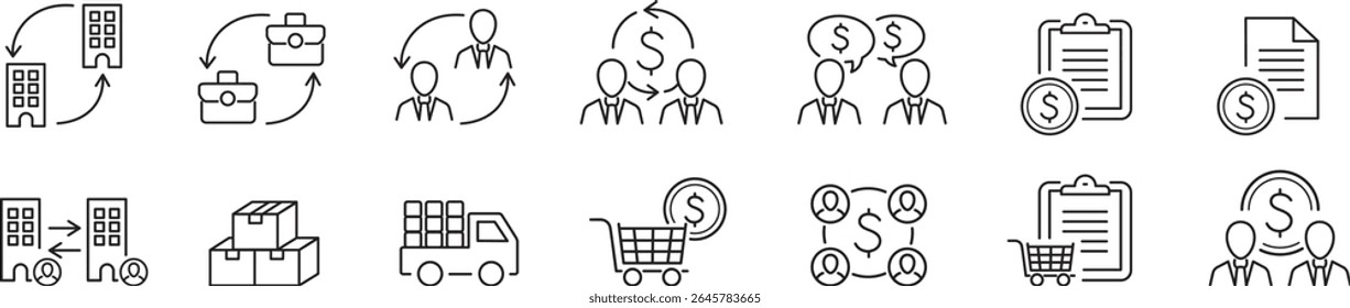 B2B-Symbolsatz. Von Geschäft zu Geschäft. Sammlung von bearbeitbaren Konturlinien-Symbolen. Vektorgrafik.