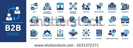 B2B icon set. Business to business, supplier, commerce, vendor, enterprise, partnership, manufacturer, purchase order, supply chain, transaction, quotation and more. Solid vector icons collection.