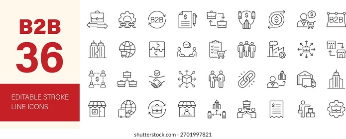 Conjunto de ícones B2B. Contendo empresa a empresa, fornecedor, comércio, fornecedor, empresa, parceria, ordem de compra, cadeia de fornecimento, comércio e muito mais. Ícones de linha editáveis. Ilustração vetorial.