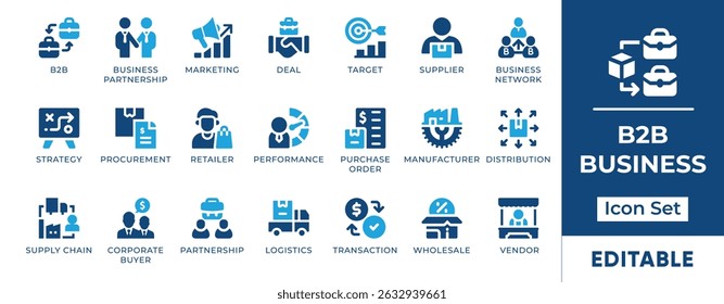 B2B icon set featuring business networking, deal, SaaS, analytics and partnership. Perfect for B2B platforms, websites, apps and marketing visuals.