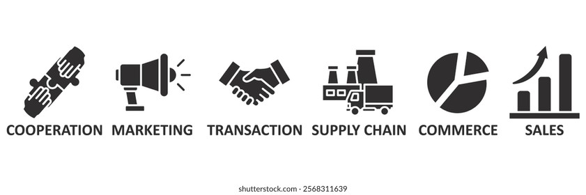 B2B icon set illustration concept with icon of cooperation, marketing, transaction, supply chain, commerce, sales	