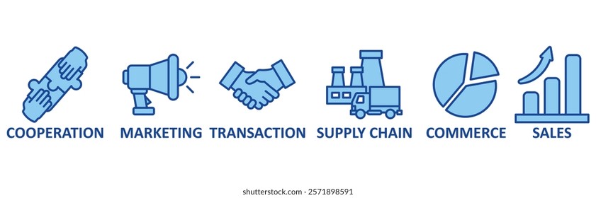 B2B icon set illustration concept with icon of cooperation, marketing, transaction, supply chain, commerce, sales