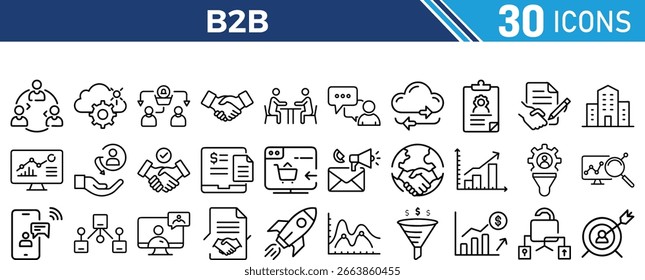 ícone B2B definir traçado editável de linha. Negócio a negócio, fornecedor, comércio, fornecedor, empresa, parceria, fabricante, ordem de compra, cadeia de suprimentos e muito mais. Coleção de ícones de vetor.
