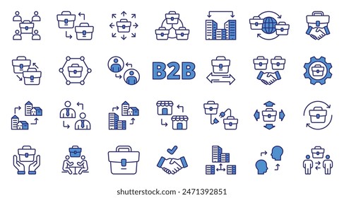 B2B icons, in line design, blue. B2B, business, commerce, trade, company, corporate, services on white background vector. B2B editable stroke icons.