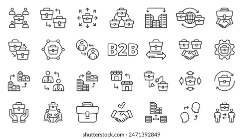 B2B icons, in line design. B2B, business, commerce, trade, company, corporate, services on white background vector. B2B editable stroke icons.