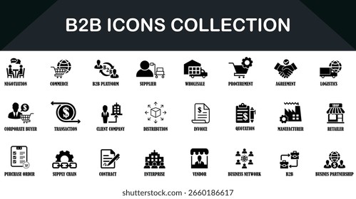 B2b business icons coleção vetor conjunto para plataforma de comércio e elementos de projeto de parceria corporativa. Ilustração vetorial