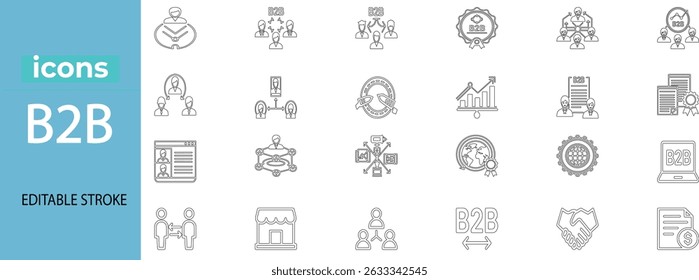 Conjunto de ícones editáveis da linha B2B. Ilustração vetorial em estilo de linha fina moderna de ícones relacionados a negócios: empresa, cooperação, gerenciamento e outros. Pictogramas e infográficos para aplicativo móvel.