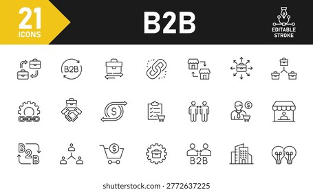 B2b line icon set. Set of 21 outline icons related to analytics, supply chain, CRM network, partnership, deal, supplier and others. Editable stroke. Vector illustration.