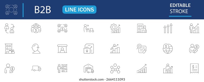 ícone de linha B2B definido com traçado editável. Apresentando empresa a empresa, fornecedor, comércio, fornecedor, empresa, parceria, fabricante, ordem de compra, cadeia de fornecimento e muito mais. Ilustração vetorial.