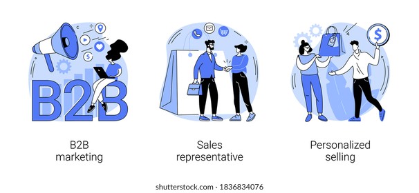 B2B marketing abstract concept vector illustration set. Sales representative, personalized selling, digital campaign, telemarketing, sales agent, brand representative, enterprise abstract metaphor.