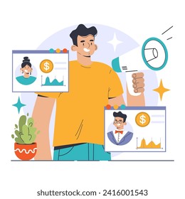 B2B Marketing concept. Engaged marketer presents financial charts, highlighting key clients and maximizing outreach with a megaphone. Effective business strategies in action. Flat vector illustration