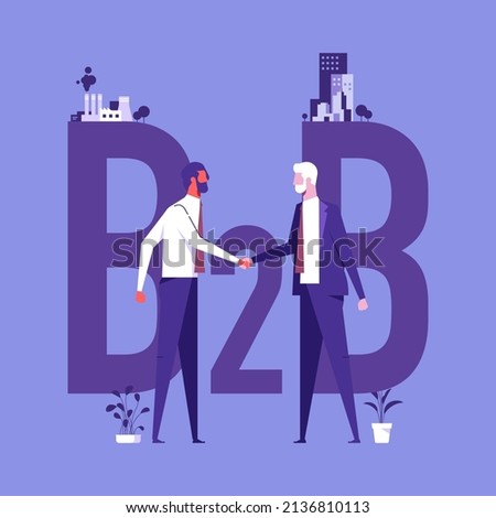 B2B marketing concept vector illustration, concept of b2b - a factory and a corporate buildings shaking their hands