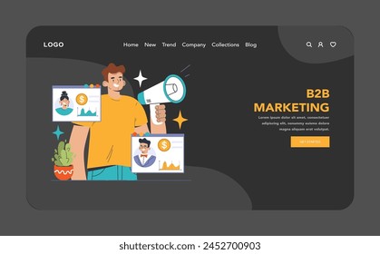B2B Marketing dark or night mode web, landing. Marketer presents financial charts, highlighting key clients and maximizing outreach. Effective business strategies in action. Flat vector illustration
