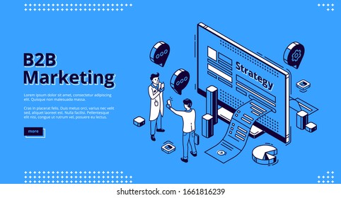 B2B marketing isometric landing page. Business to business way of communication strategy and commerce between companies. Men communicate front of desktop with paper bill, 3d vector line art web banner