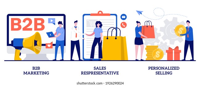 Comercialización B2B, representante de ventas, concepto de venta personalizada con gente pequeña. Conjunto de ilustraciones vectoriales de telemarketing. Campaña digital, agente de ventas, representante de marca, metáfora empresarial.