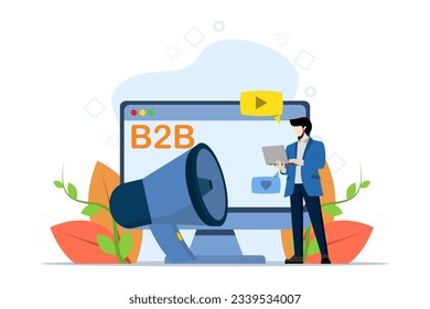 B2B marketing, sales representative, personalized sale concept with tiny people. telemarketing vector illustration. Digital campaign, sales agent, brand representative, company metaphor.