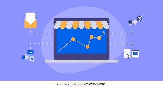 Estrategia de comercialización B2B, análisis de datos de marketing B2B, Estrategia de publicidad digital para el crecimiento de negocios en línea - ilustración vectorial con iconos