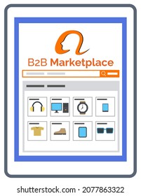 Mercado B2b en dispositivo móvil electrónico, usando el sitio web en tablet, comprando en línea. Logística en todo el mundo, compra internacional, marketing y comunicación comercial, búsqueda vectores de iconos