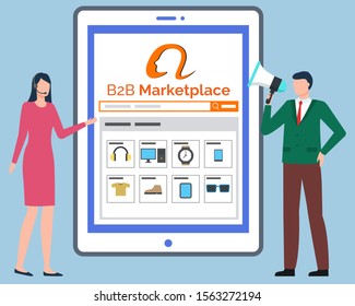 B2B Marketplace, tablet computer with online store website. Catalogue with clothes and household appliances. Woman and man with speaker. Internet shopping, e-commerce, logistics worldwide illustration