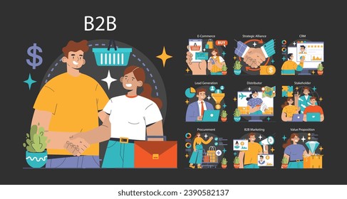 B2B ommerce dark or night mode set. Professionals engaging in online shopping, strategic alliances, CRM, and lead generation. Value proposition, stakeholder interactions. Flat vector illustration