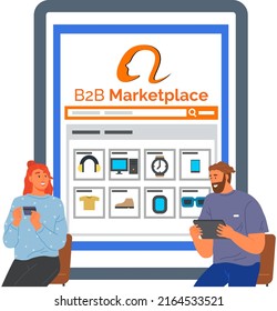 plataforma de mercado de operaciones en línea B2B. Venta y sistema de pago, aplicación de centro de soporte. Personas que usan aplicaciones de negocios en línea. Hombre y mujer con gadgets con programa para la compra de Internet