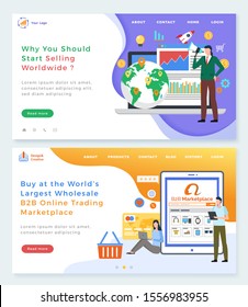 B2B online trading platform vector, why you should start selling worldwide. Marketplace for sellers and buyers, online shopping and communication. Website or webpage template, landing page flat style