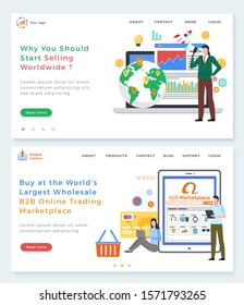 B2B online trading platform vector, why you should start selling worldwide. Marketplace for sellers and buyers, online shopping and communication. Website or webpage template, landing page flat style