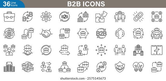 B2B outline Icons set. Professional business to business symbols for marketing, networking, strategy, data analytics, teamwork, and more. Simple vector illustration