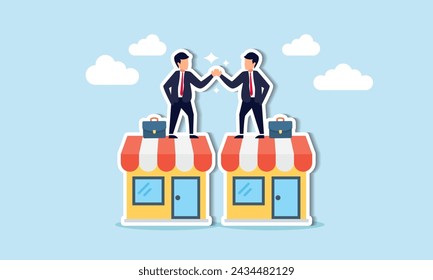 B2B sales involve business to business agreements, enterprise commerce, and trade between companies and suppliers concept, businessman owner handshake on enterprise shop for B2B agreement.