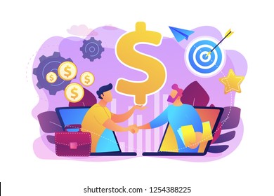 B2B sales person selling products and services to buyer in laptop. Business-to-business sales, B2B sales method, wholesale business trend concept. Bright vibrant violet vector isolated illustration