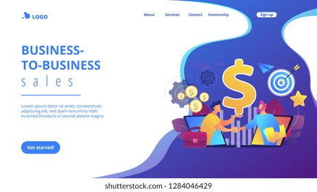 B2B sales person selling products and services to buyer in laptop. Business-to-business sales, B2B sales method, wholesale business trend concept. Website vibrant violet landing web page template.