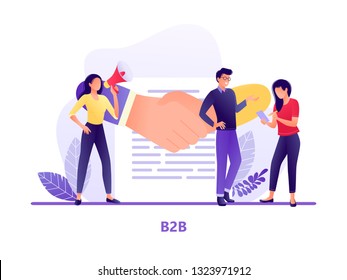 B2B Shaking hands with small people. Business to business. Flat modern concept vector illustration for web, landing page, banner, presentation, flyer, poster