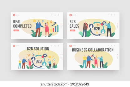 Solución B2B, conjunto de plantillas de la página de inicio de colaboración de asociación. Personajes de hombres de negocios y mujeres de negocios que dan la mano, cooperación de la empresa, transacciones de servicios. Ilustración de vectores de personas de caricatura