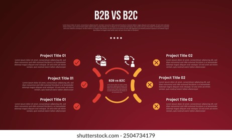 B2B vs B2C business infographic for comparison data or versus with half circle dotted line with modern dark gradient style background for slide presentation vector