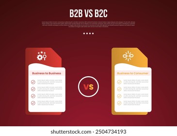 B2B vs B2C business infographic for comparison data or versus with creative table box with folder style stack with modern dark gradient style background for slide presentation vector