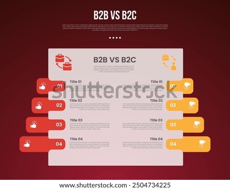 B2B vs B2C business infographic for comparison data or versus with big box table with round box highlight with modern dark gradient style background for slide presentation vector